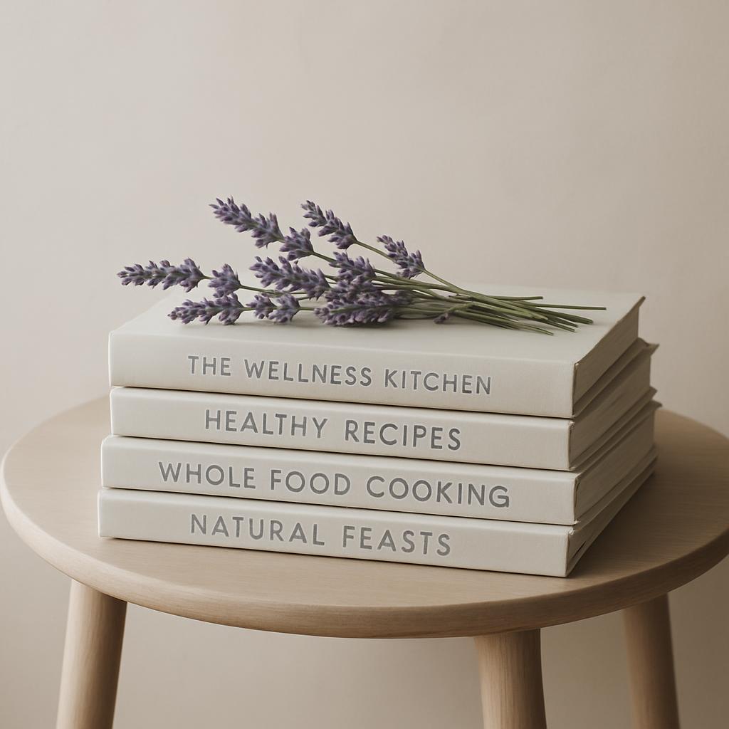 A stack of white books with silver-lettering titles on a light-wooden stool. The books are titled "The Wellness Kitchen", ...