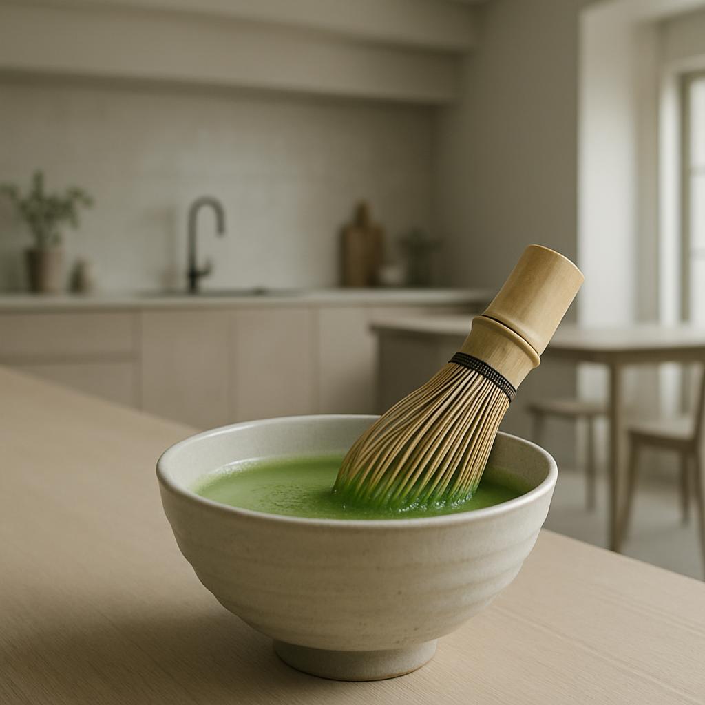 A white ceramic bowl containing a vibrant green tea mixture, accompanied by a bamboo whisk. The bowl and the tea itself ar...
