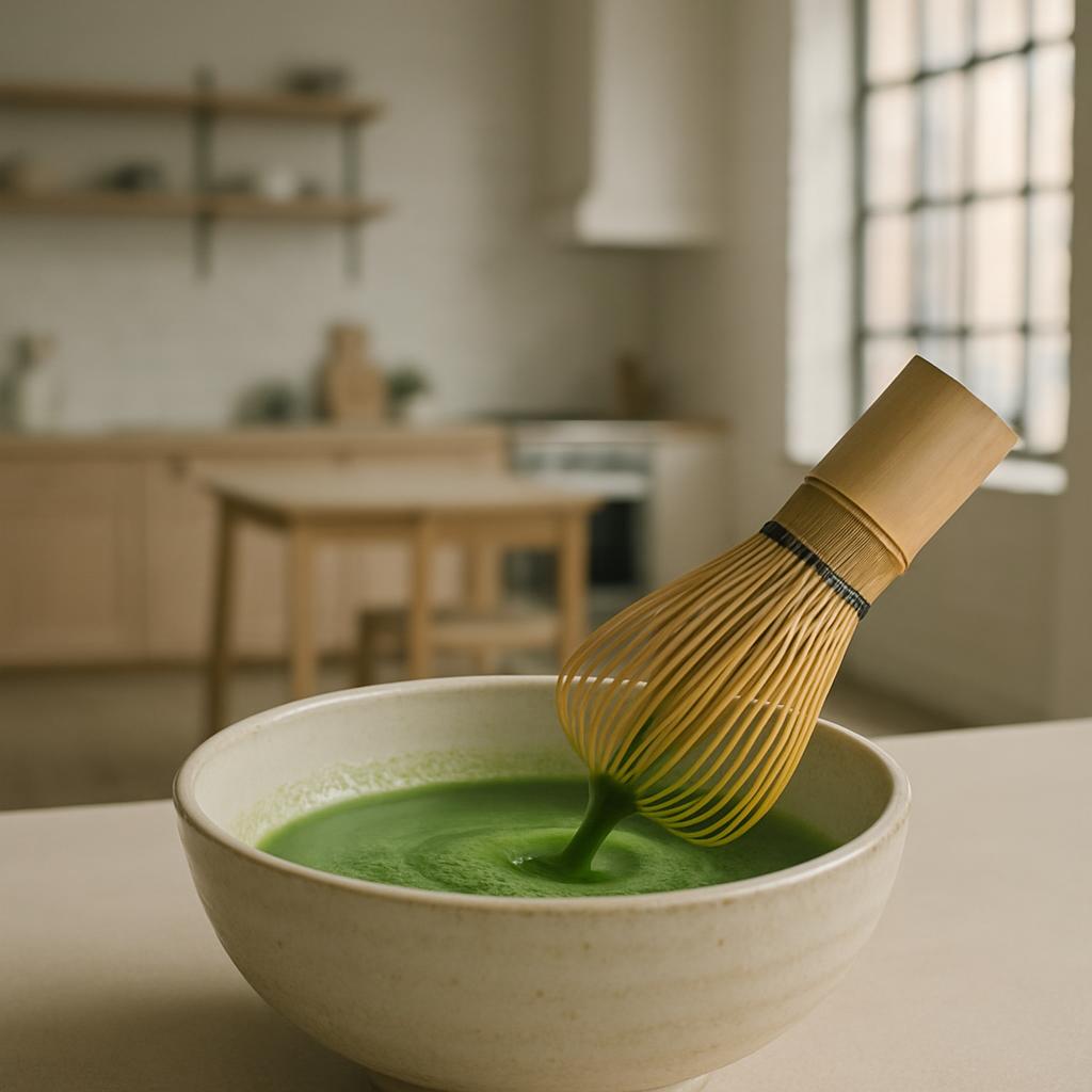 A whisk lies on its side in a bowl of thick green liquid. The whisk has a long, skinny handle in a light brown color. The ...