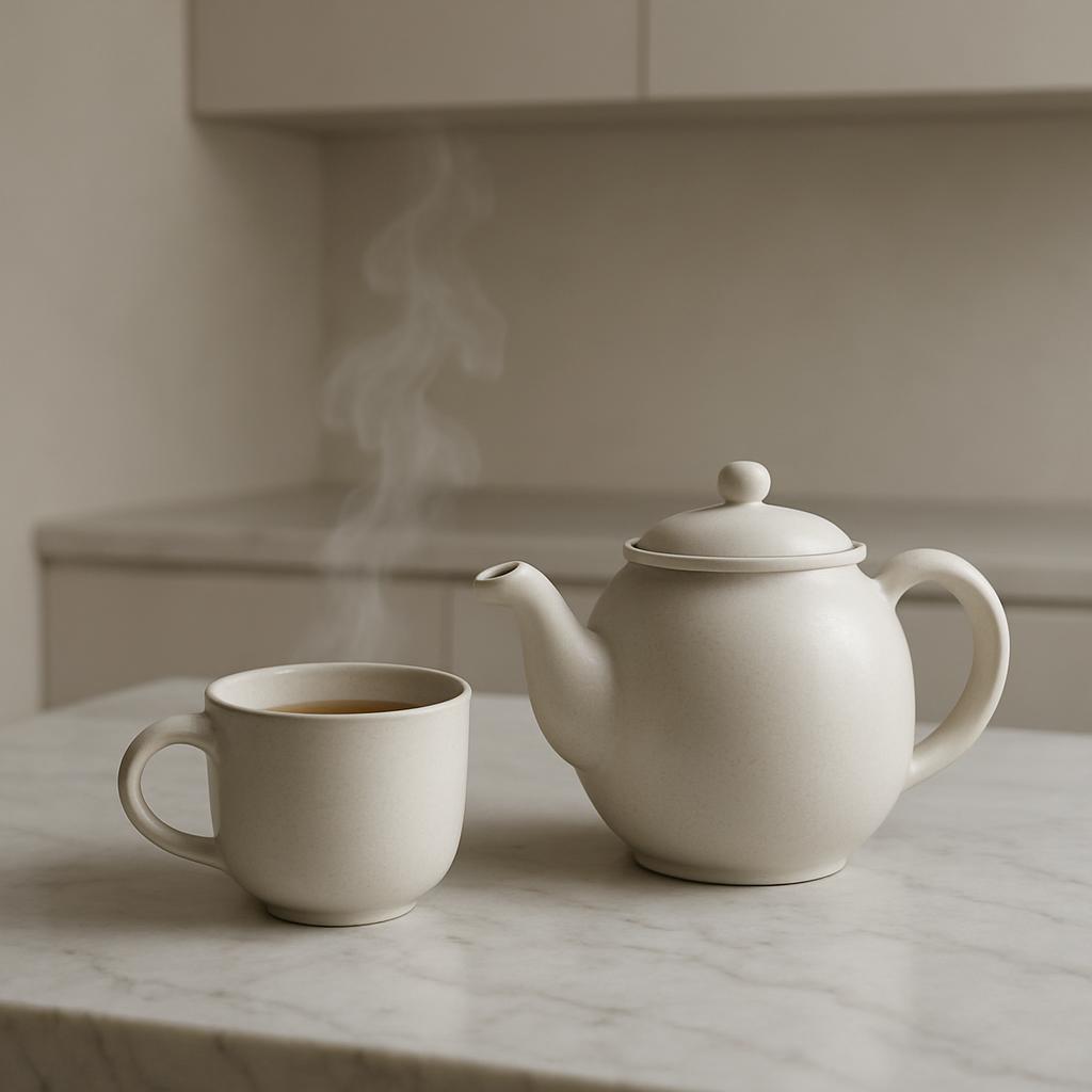 A white teapot and cup on a table with steam rising from the spout of the teapot, evoking an atmosphere of warmth and comf...