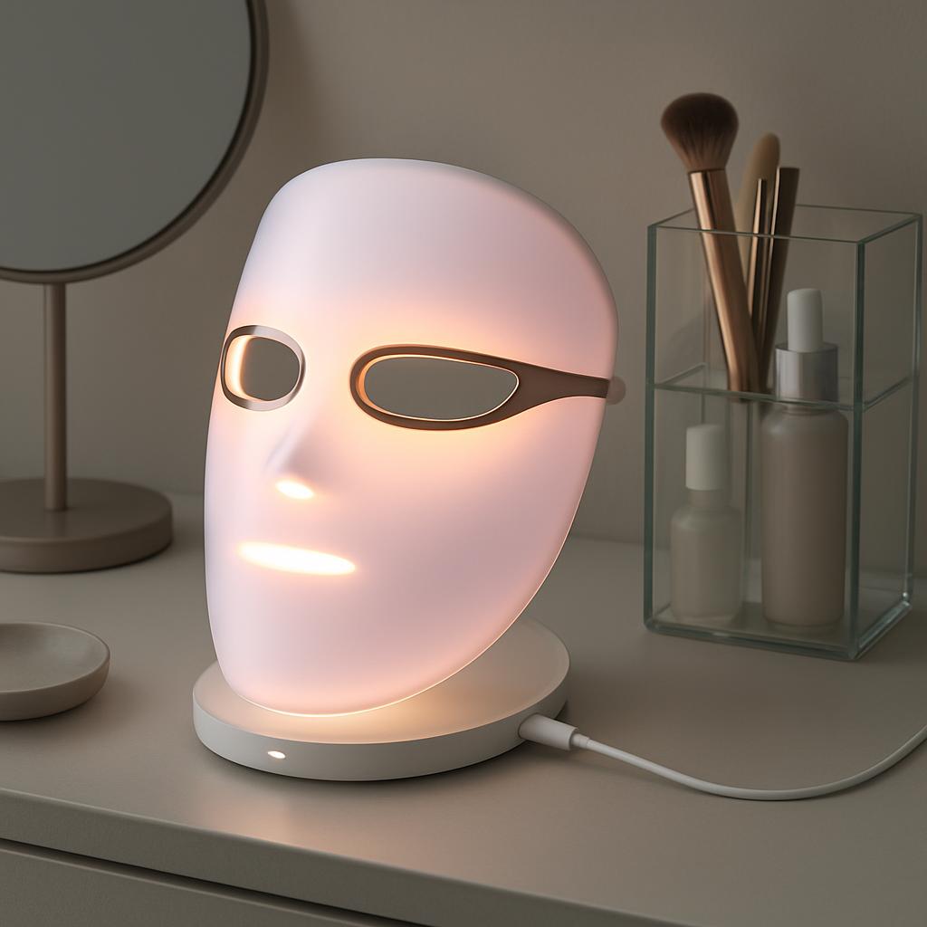 Here is the alt text for the image: "Photonic face mask with electronics and flexible plastic mask and assorted makeup ite...
